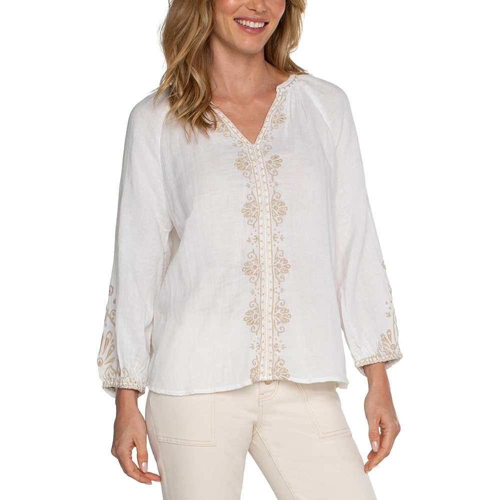 Liverpool Los Angeles White Cotton Gauze Embroidered Peasant Blouse Large Boho